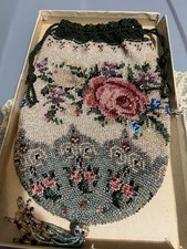 Antique Micro Beaded Victorian Reticule Drawstring Handbag Purse Great Condition