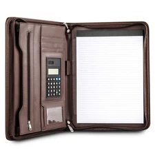 Leather Portfolio Binder Folder Organizer with Zipper, Calculator, Writing Pad
