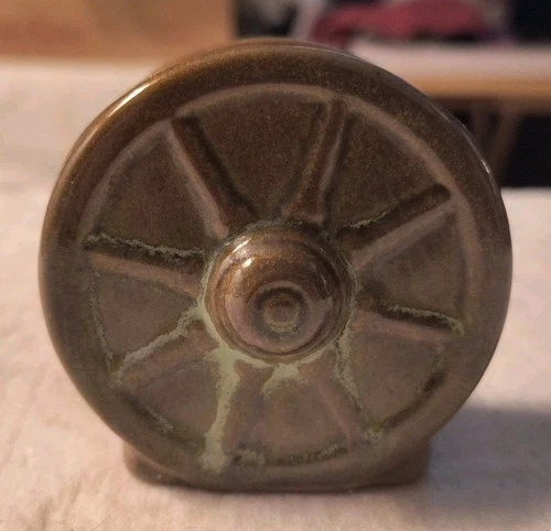 1947 Frankoma Pottery Prairie Green Christmas Card Wagon Wheel Toothpick Holder