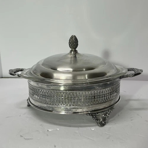 Vintage Pyrex Anchor Hocking Round Casserole Dish, Silver Plated Holder W/Lid D