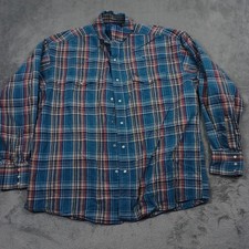 Wrangler Shirt Mens XXL Blue Plaid Pearl Snap Western Pockets Long Sleeve