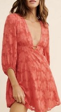Anthro Jacquard Plunge Mini Dress Coral Pink Floral Texture Long Sleeve US 10