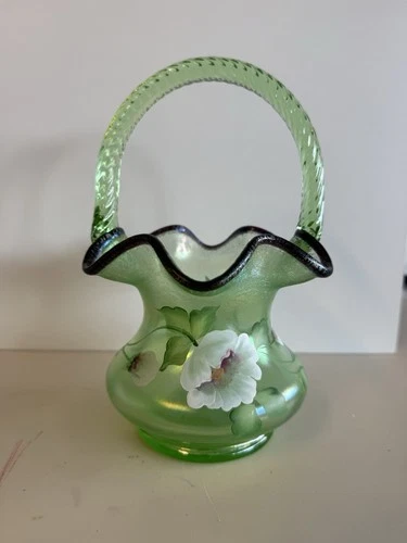 Fenton Green Hand Painted Floral Basket