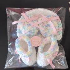 Handmade Multicolor Crochet Layette Set Hat Booties Mittens Bow Accent Acrylic