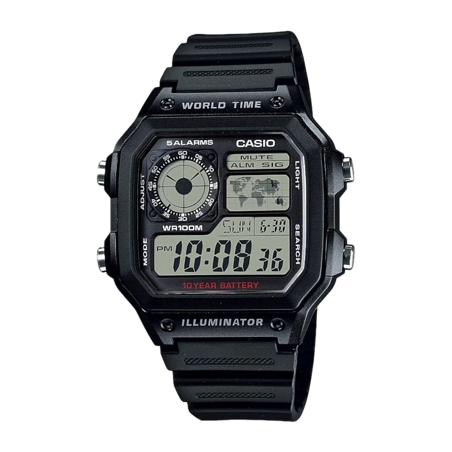 Casio AE1200WH-1AV, World Time Watch, Chronograph, 5 Alarms, 10 Year Battery