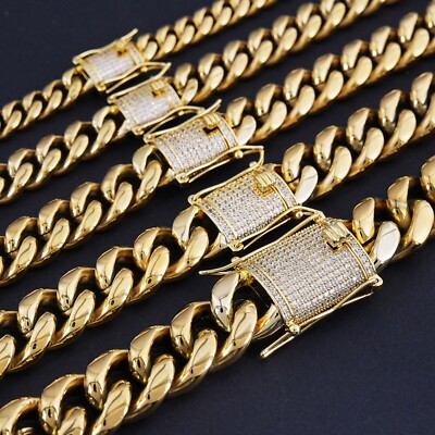 14k Gold Plated CZ Clasp Stainless Steel Miami Cuban Link Bracelet Chain 6-14MM