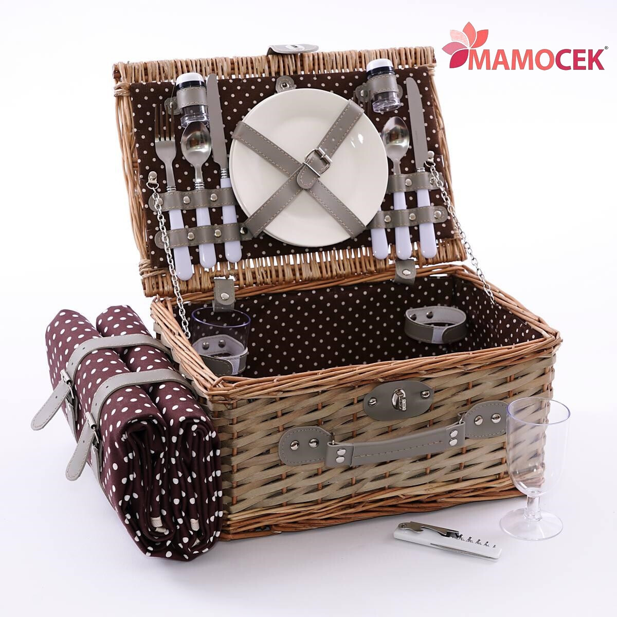 Cestino Picnic 2 Persone Vimini Naturale con Stoviglie e Fodera Decorata