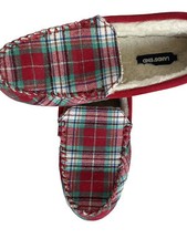 Land s End Slippers Women's Rich Red Multi Plaid Fleece Lined Moccasin US 6.5