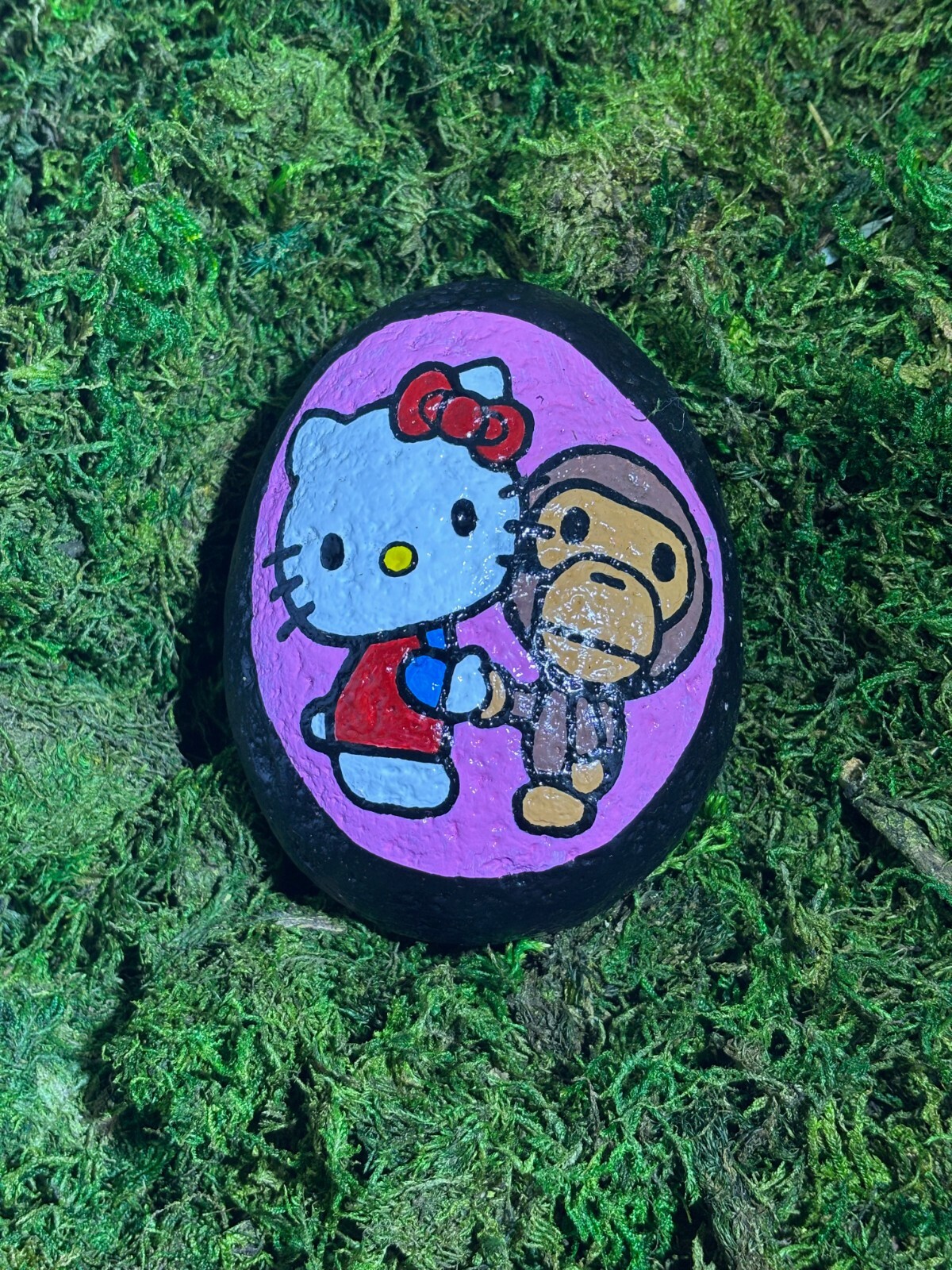 Hand painted Hello Kitty and BAPE Garden River Rock Resin Finish