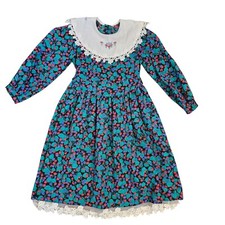 Vintage Bib Dress 7 Long Sleeve Tie Back Fruit Maxi Dress Berries Lace Trim USA