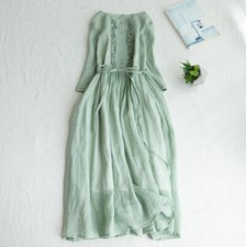 Summer Literature Retro Round Neck Fairy Lace Up Waist Mid Length Dress