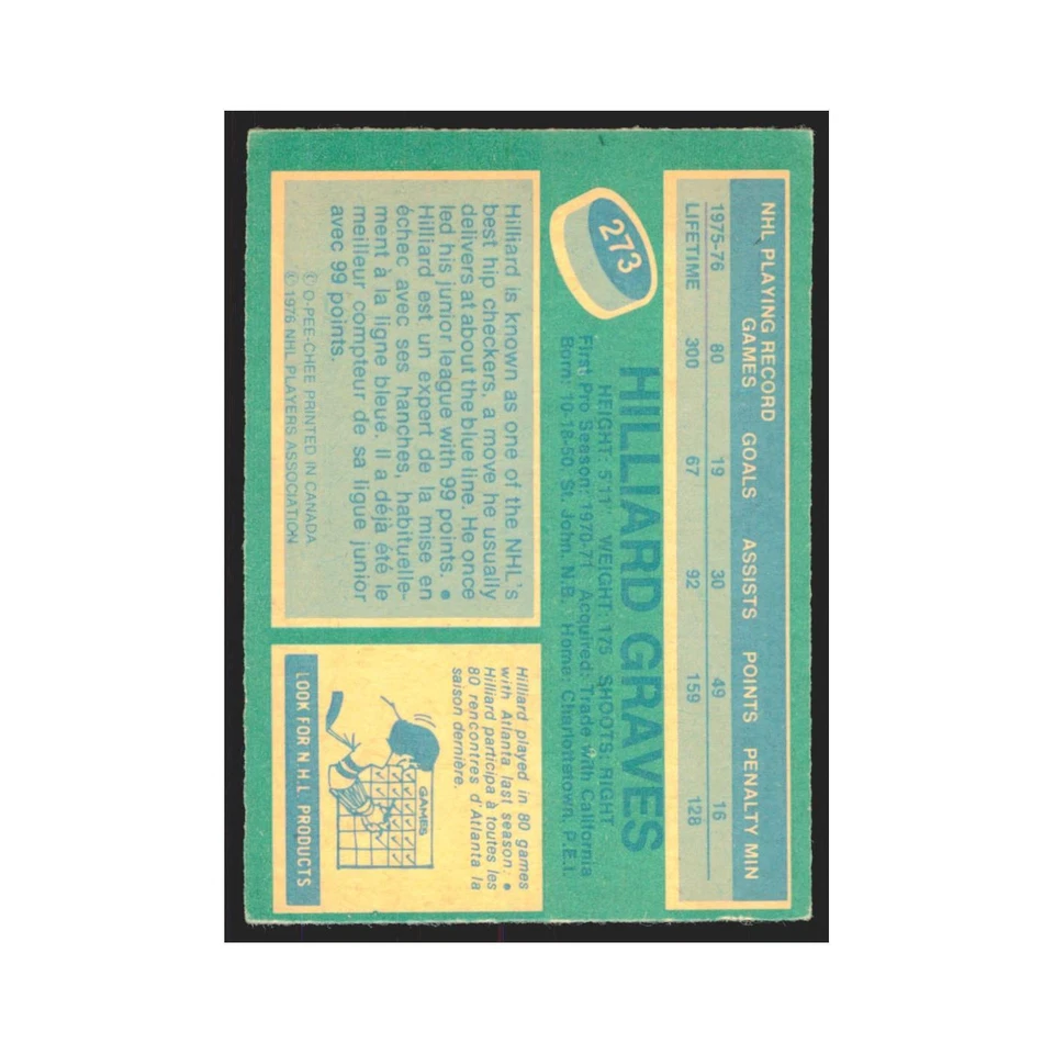 1976 O-Pee-Chee Hilliard Graves Atlanta Flames #273 - Image 2 of 3