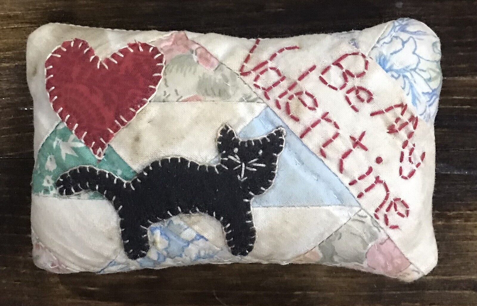 Primitive *Be My Valentine* Kitty Cat & Heart Pillow-From Vintage Quilt
