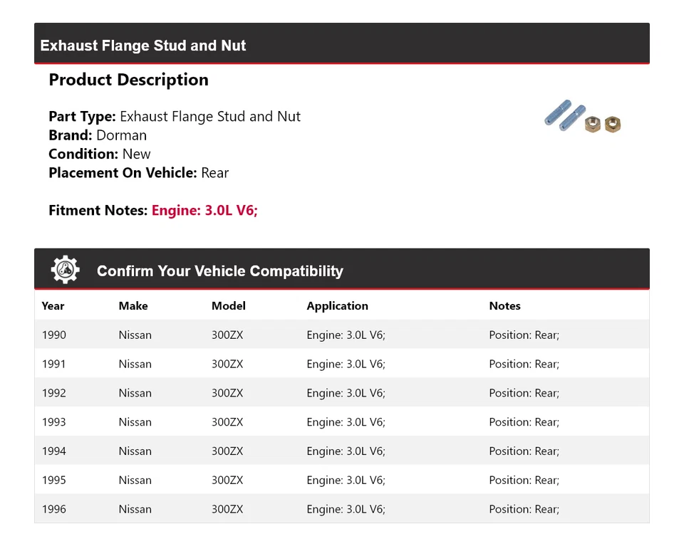 For 1990-1996 Nissan 300ZX 3.0L V6 Dorman Exhaust Flange Stud and Nut Rear 1991 - Image 2 of 3