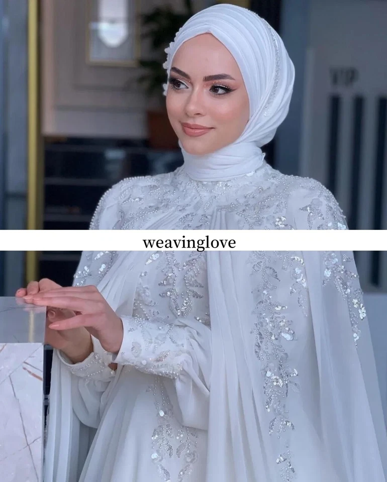 Vestidos de novia musulmanes cuello alto mangas largas apliques de gasa vestidos de novia Foto 4 de 4