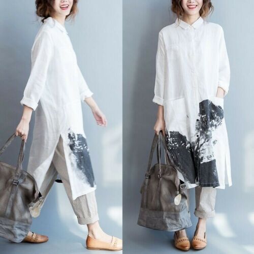 Chinese Ink Painting Shirt Ladies Pocket Maxi Blouse Loose Cotton Linen Oversize - Picture 1 of 23