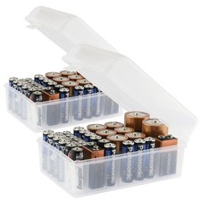 Set of 2 Multi Battery Storage Boxes - Holds 37 Batteries, Clear Plastic