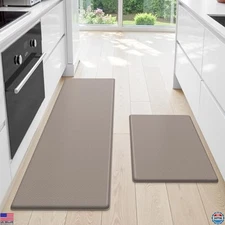 StepLively Anti-Fatigue Kitchen Mat Set - 2 Non-Skid Cushioned Rugs in Khaki