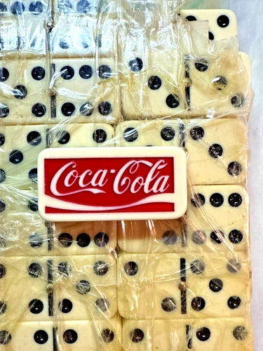 Rare Vintage Double Six Coca Cola 28 Dominoes Tiles-Metal Pin Center Script Red