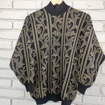Rodier Vintage Mock Neck Wool Blend Sweater Baroque Scroll Knit Black Green
