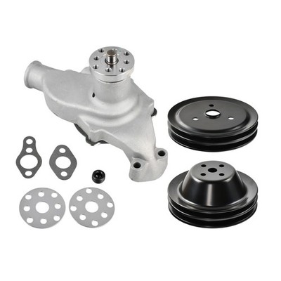 Fit 55-68 SBC Satin Short Water Pump & 2G SWP Pulley & 2G Crankshaft Pulley Kit