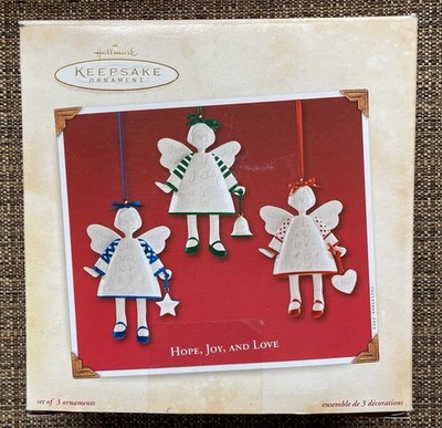 HALLMARK HOPE JOY AND LOVE ANGEL BELLS SET OF 3 Christmas ORNAMENTS 2002 w/ BOX