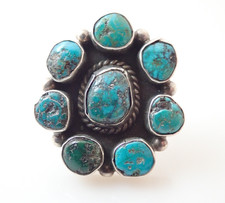 Vintage Navajo Turquoise Cluster Sterling Silver Band Ring Sz 6.75