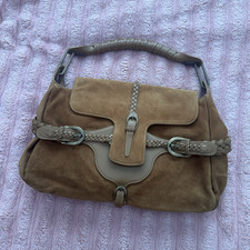 Jimmy Choo Brown Suede & Leather Shoulder Bag Braided Buckle Inner Pockets Card
