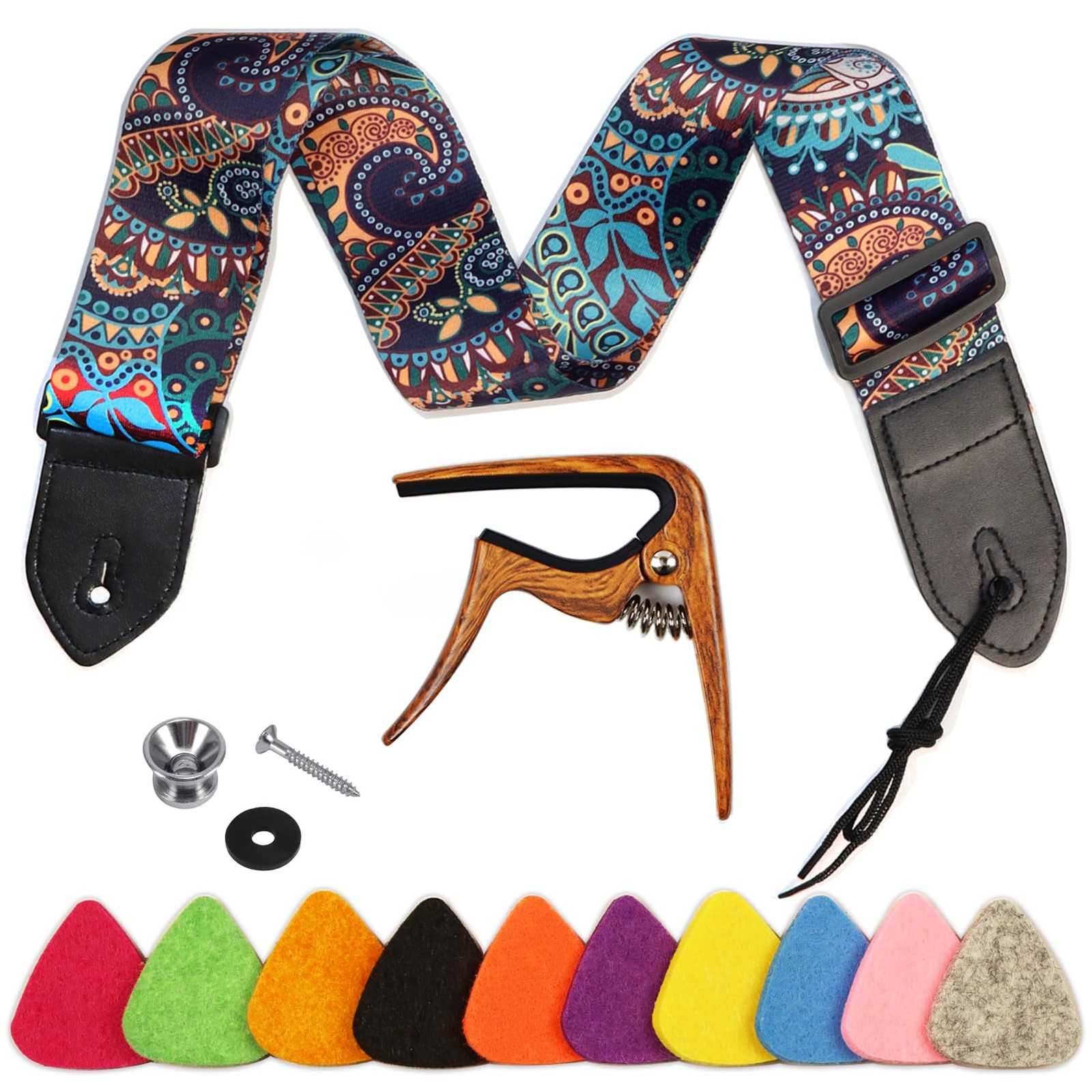 Sangle pour ukulélé en nylon robuste avec capodastre et médiators colorés