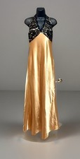 XSCAPE Satin Maxi Dress Size 6 Sheath Gold Black Lace Romantic Feminine