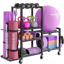 6-Tier Home Gym Storage Rack with Wheels, Dumbbell Weight Rack and Yoga Mat O...