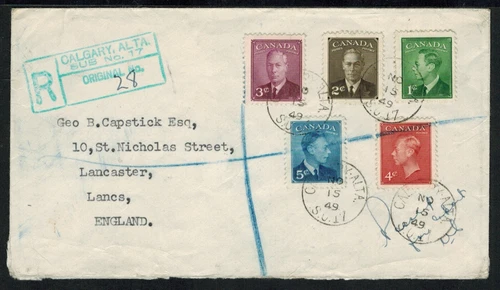 Canada #284-288 1949 KGVI Postes-Postage cachet FDC Calgary Sub 17 Registered