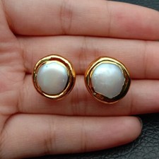 Freshwater White Coin Pearl Bezel Gold Plated Stud Earrings