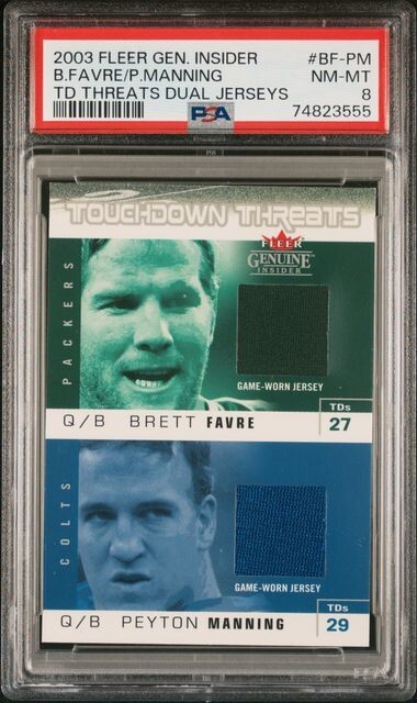 2003 Fleer G.I. Touchdown Threats Dual Jersey Favre Manning #BF-PM /200 PSA 8