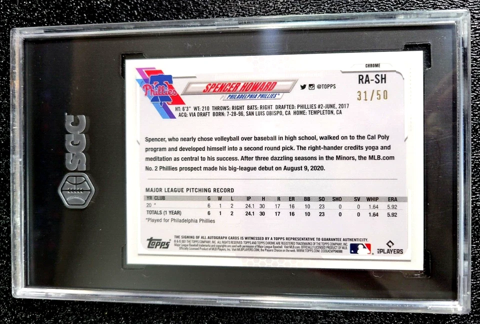 SGC 10 SPENCER HOWARD SP 50 2021 TOPPS CHROME SAPPHIRE GREEN REFRACTOR AUTO 5833 - Image 2 of 2