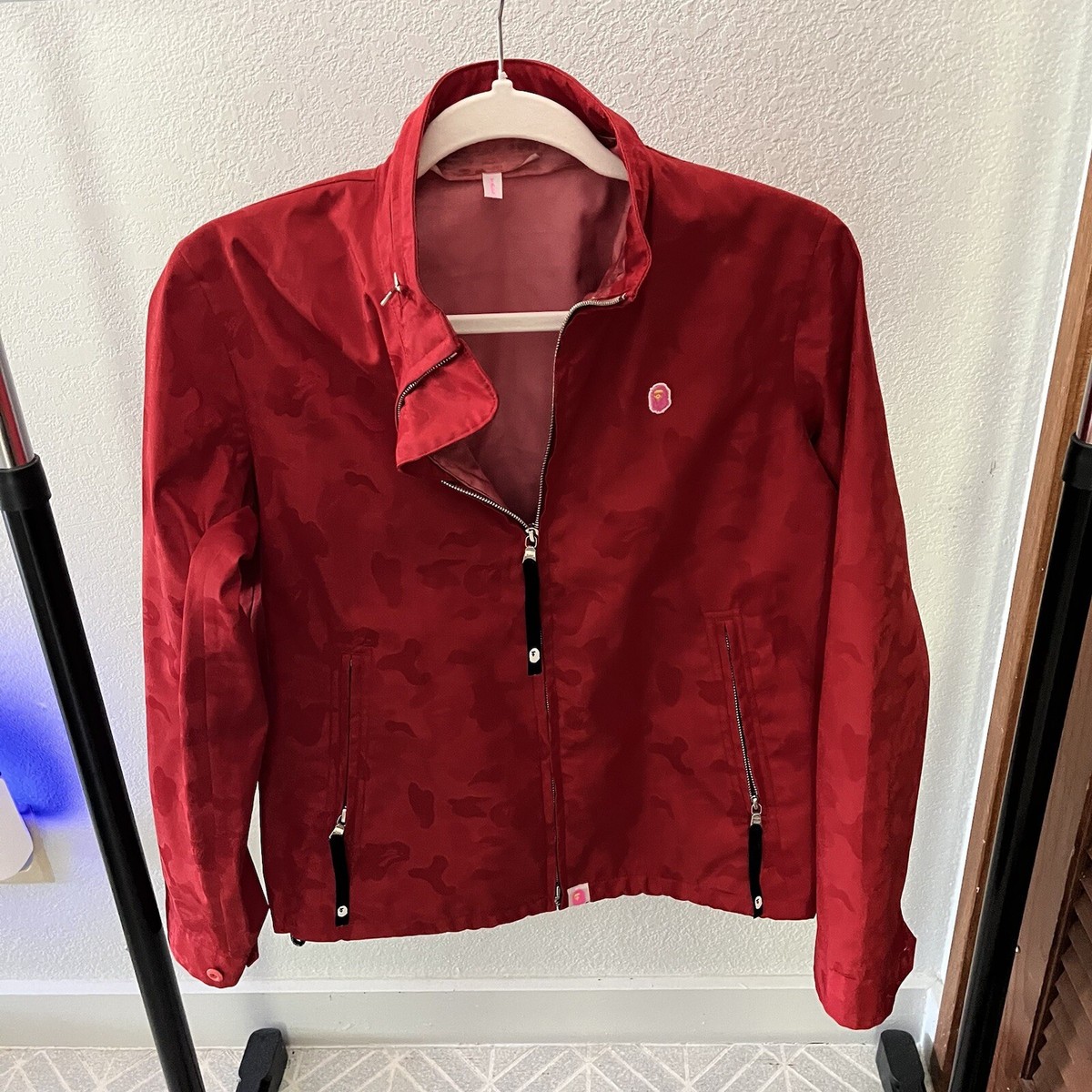 VTG BAPE sz Tall XS-S GORETEX Zip Up Jacket Red Bathing Ape Print