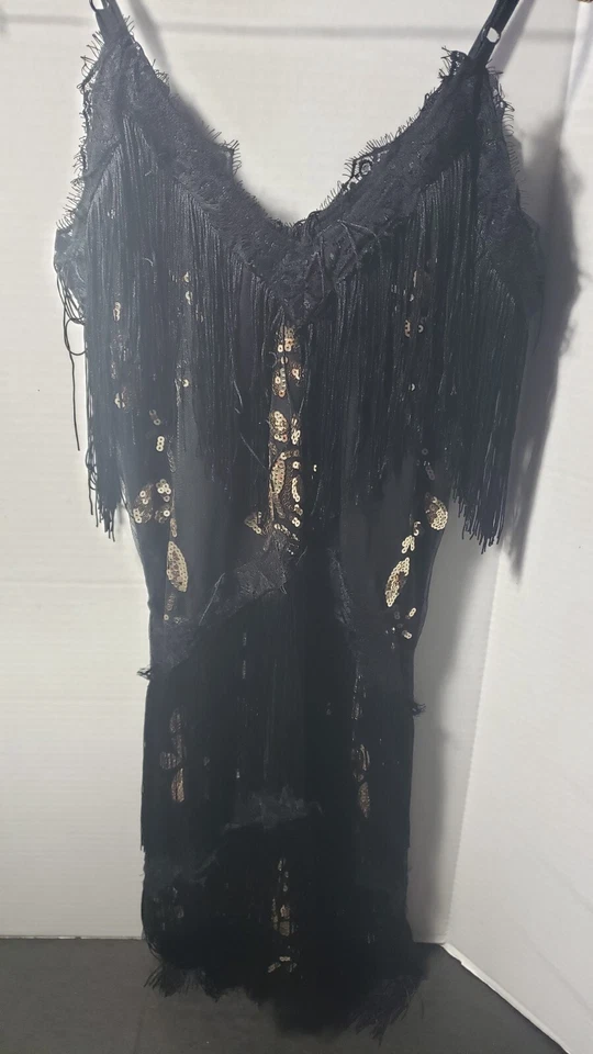 Vestido para mujer L LG negro dorado lentejuelas flecos aleta JOYAS y accesorios años 20 Foto 4 de 4