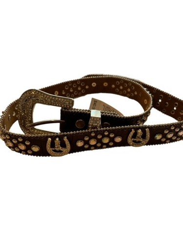 Angel Ranch Western Girls Youth XL Horseshoe Rhinestone Studded Brown Belt New - Picture 2 of 4