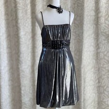 NWT Vintage Y2K Jessica McClintock Metallic Silver Spaghetti Strap Mini Dress 6
