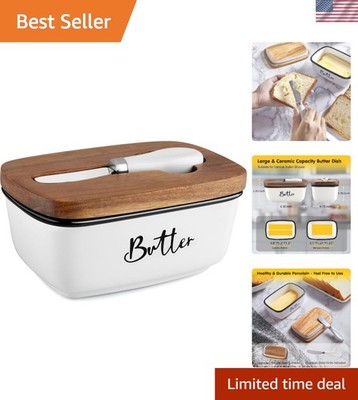 Rustic Ceramic Butter Container with Silicone Seal & Acacia Lid - Safe & Elegant
