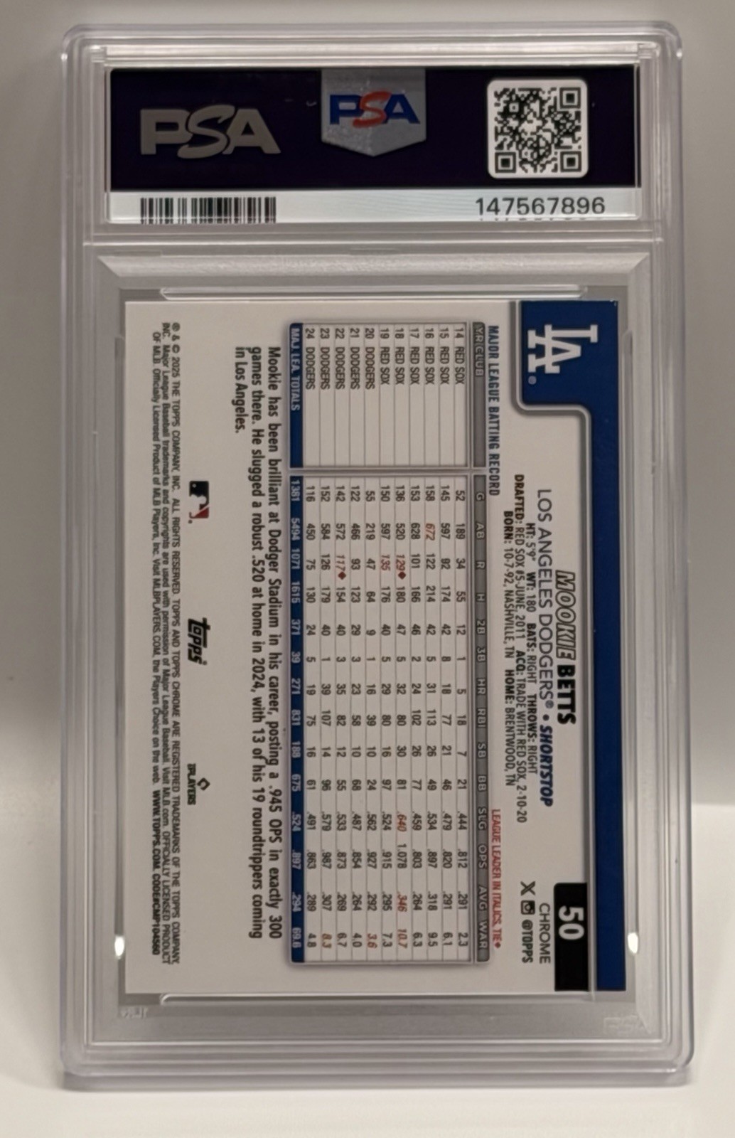 Mookie Betts *SP Image Variation* 2025 Topps Chrome L/E PSA 9 #50 Dodgers MLB view 3