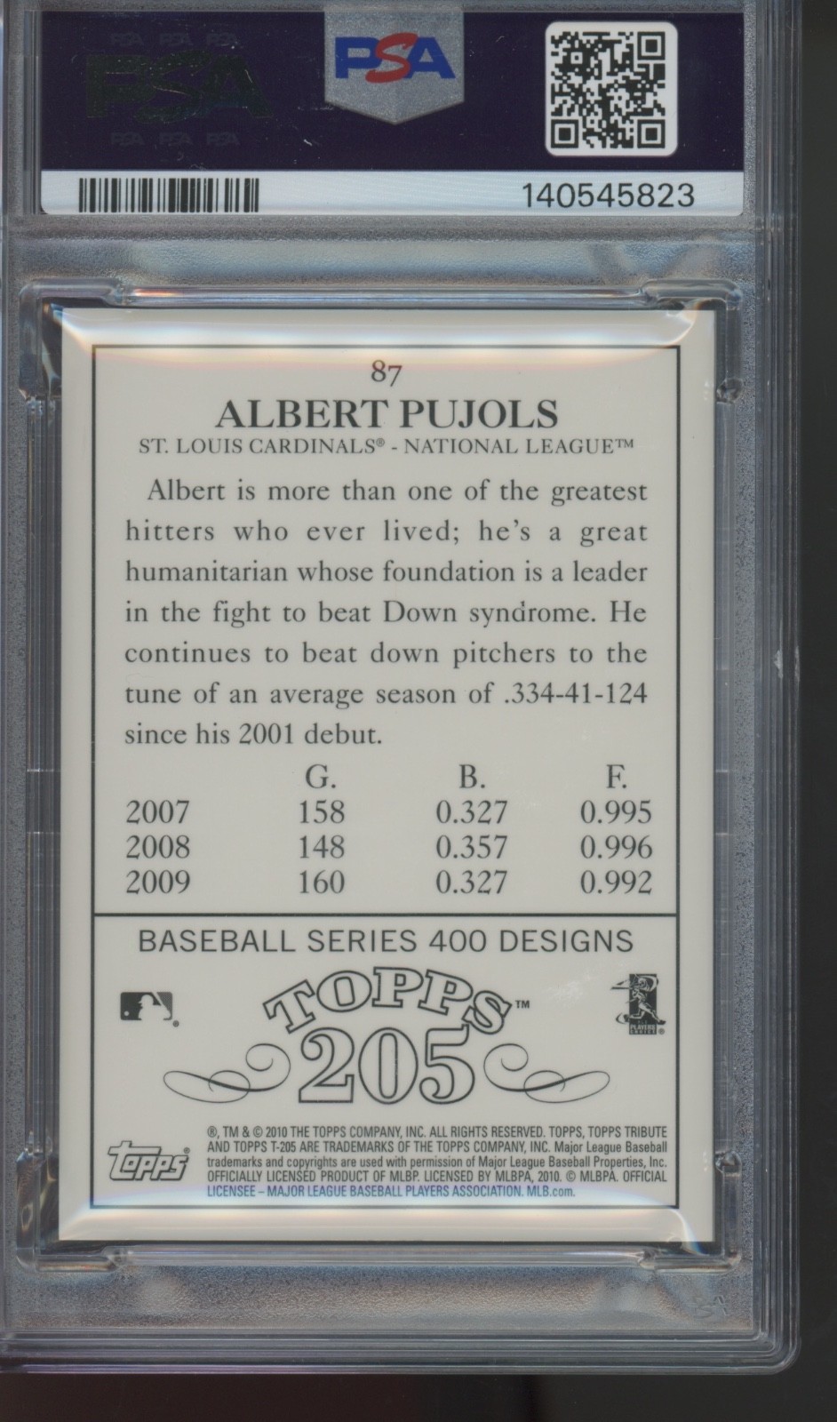 2010 Topps Tribute Topps 205 Gold #87 Albert Pujols /50 Gem Mint PSA 10 view 2