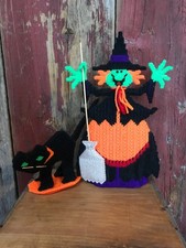 Vtg.Halloween Plastic Canvas HandMade Witch w/Cat   .f