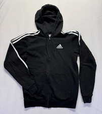 Adidas Essentials Hoodie Mens Small Black White 3 Stripes Fleece Lined Full Zip