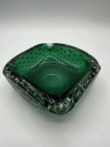 Vintage Murano Bullicante Green Art Glass Bowl Controlled Bubble 5” Italy