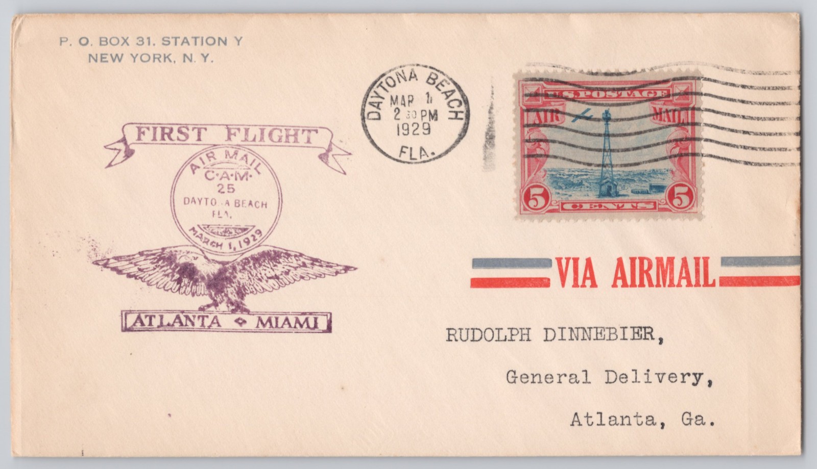 Daytona Beach, Fla., First Flight CAM-25 Atlanta Miami, Via Airmail 1929