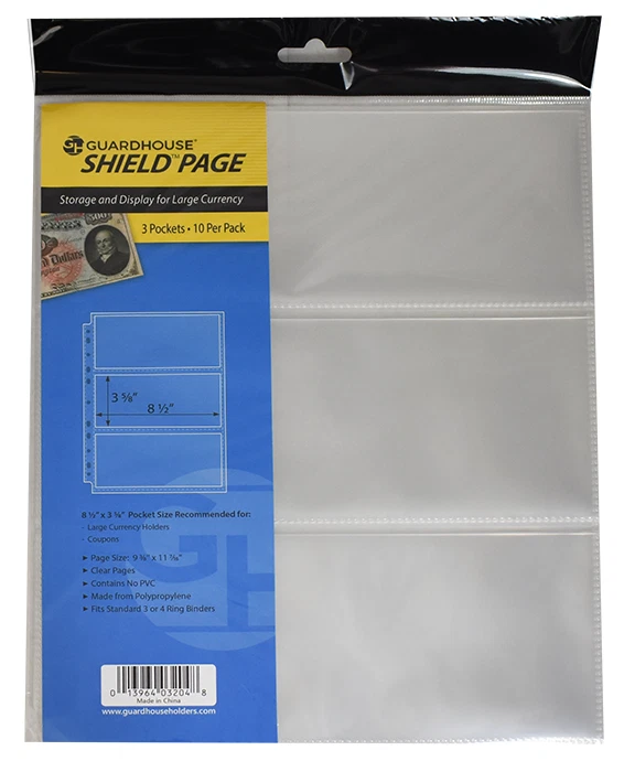 PACK of (10) LARGE SIZE CURRENCY 3 POCKET PAGES GUARDHOUSE SHIELD