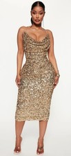 Fashion Nova Cowl Neck Embellished You Wish Sequin Midi Dress Gold Size S NWT
