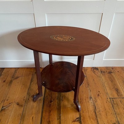 Vintage Oval Holz Beistelltisch Intarsien Medaillon Pflanzenständer Mid Century Beistelltisch
