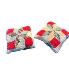 Vintage Handmade Quilted Throw Pillow Set Patchwork Starburst Red Blue Farmhouse